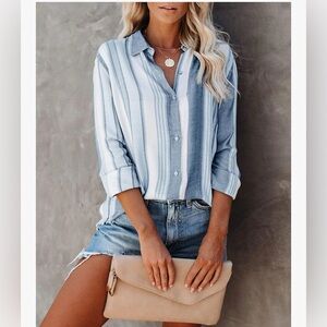Women’s Blue & White Striped Linen Button Shirt Long Sleeve Collared Blouse L